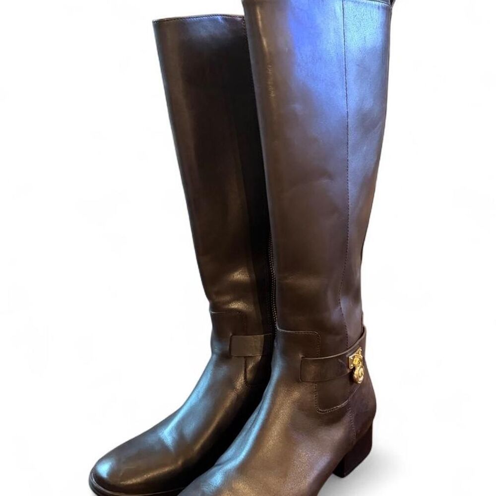 Michael Kors Dark Brown Leather Riding Boots Gold MK Lock Women’s Size 9